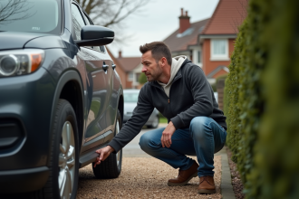 Homme d'âge moyen examinant un pneu de SUV dans une cour résidentielle