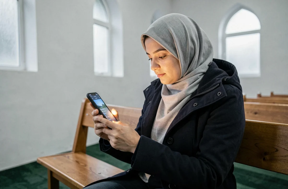 Femme consultant les horaires de prière du jumua sur smartphone dans une mosquée