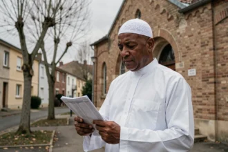 Homme consultant les horaires de prière devant une mosquée à Argenteuil