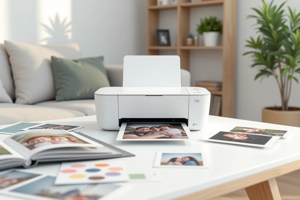 Imprimante photo moderne sur un bureau avec des photos familiales imprimées et un album photo ouvert