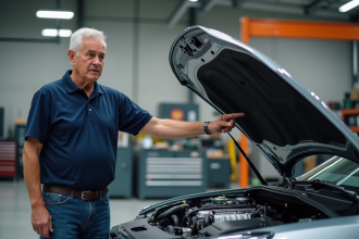 Ingénieur automobile devant un moteur moderne dans un atelier