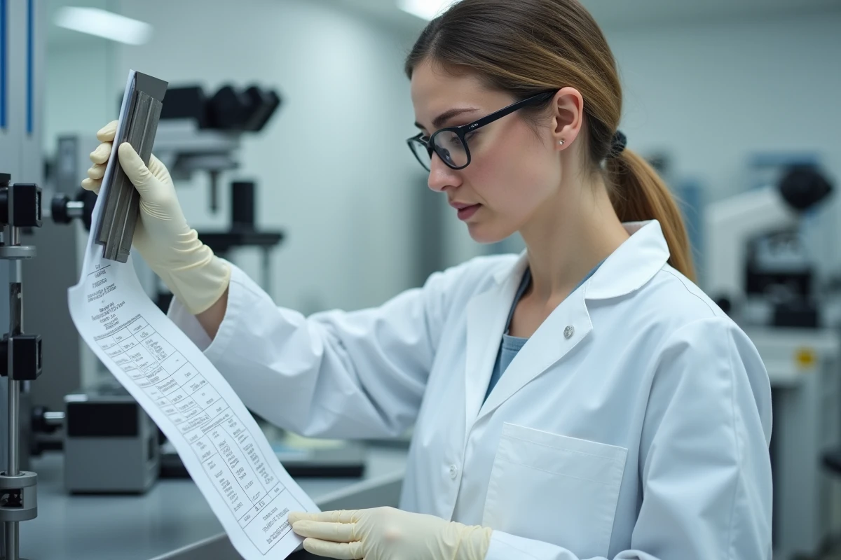 Ingénieure analysant les spécifications techniques d'un profil inox en laboratoire métallurgique