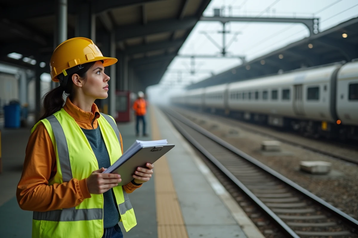 Ingénieure ferroviaire avec gilet de sécurité tenant des documents de conformité IRIS02 sur un quai de dépôt ferroviaire