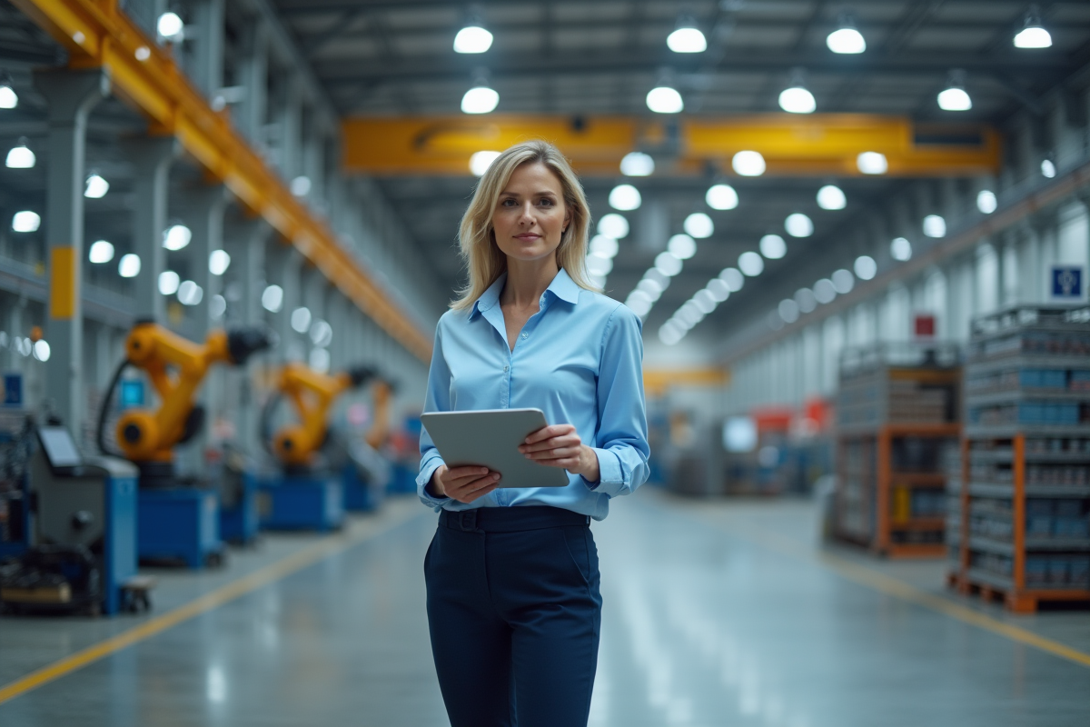 Ingénieure en tech dans un entrepôt industriel avec robots