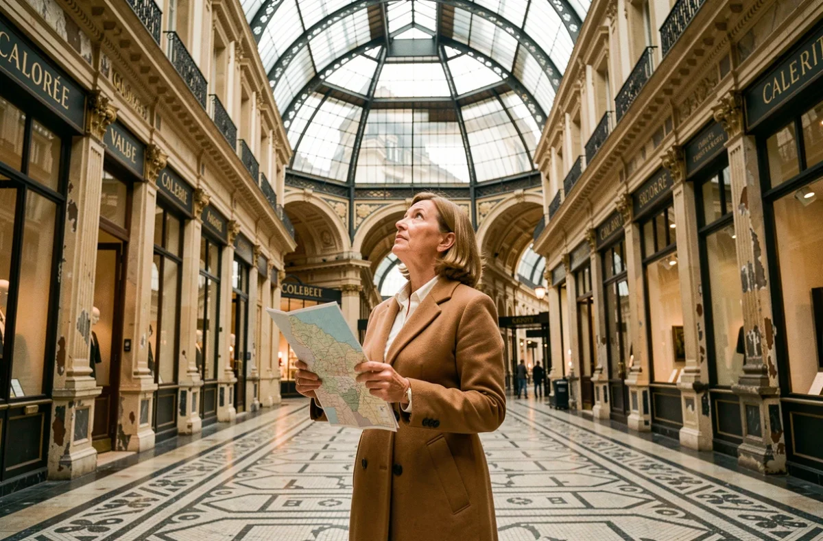Intérieur de la galerie Colbert avec sa rotonde en fonte et verre et ses sols en mosaïque géométrique
