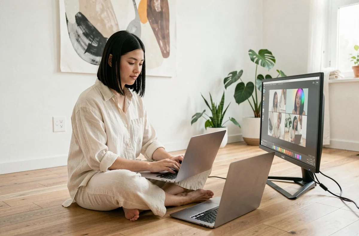 Vidéaste indépendante Ivy C. révisant ses rushes sur ordinateur dans un studio créatif minimaliste et lumineux