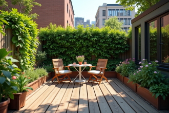 Jardin urbain cosy avec terrasse et plantes vertes