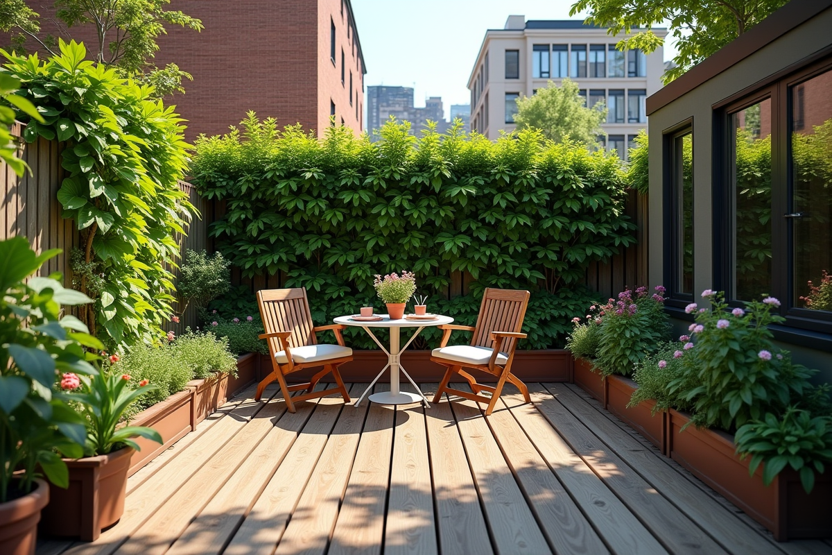Jardin urbain cosy avec terrasse et plantes vertes