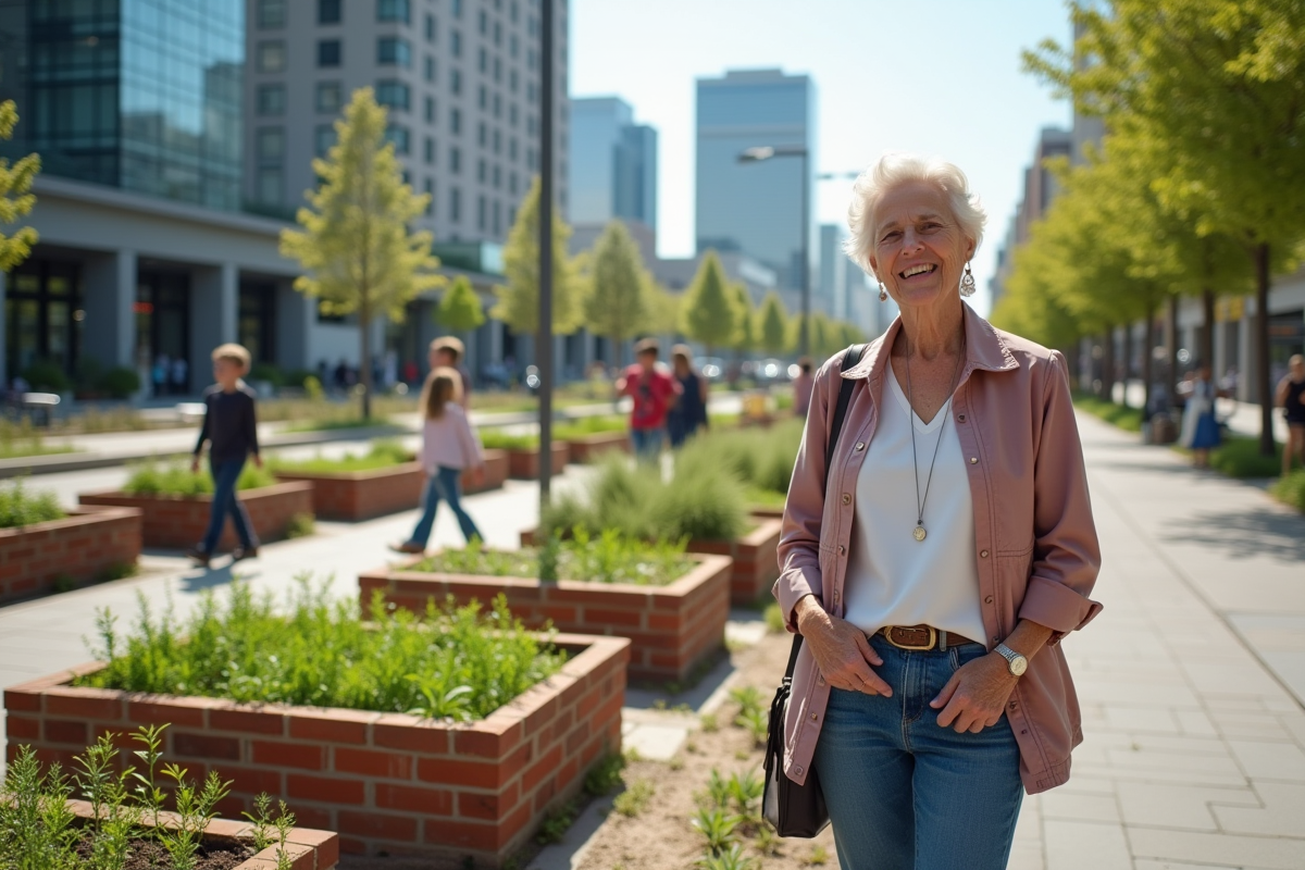 Femme souriante dans un jardin communautaire en ville