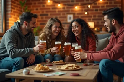 Groupe de jeunes adultes jouant à un jeu d'alcool autour d'une table basse en bois dans un salon convivial