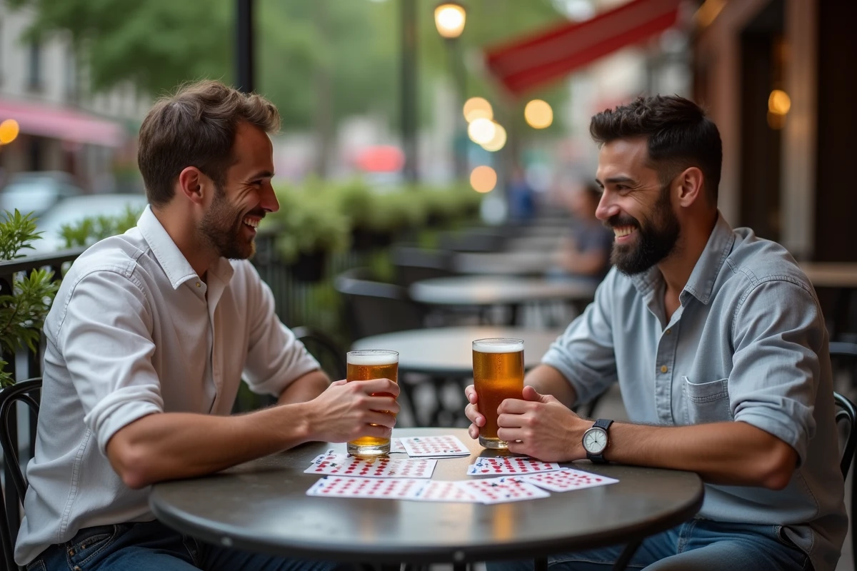 Deux amis jouant à un jeu de cartes à boire en terrasse de café en ville lors d'une soirée estivale