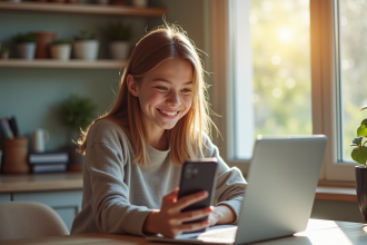 Jeune adulte souriant utilisant un ordinateur et smartphone à la cuisine