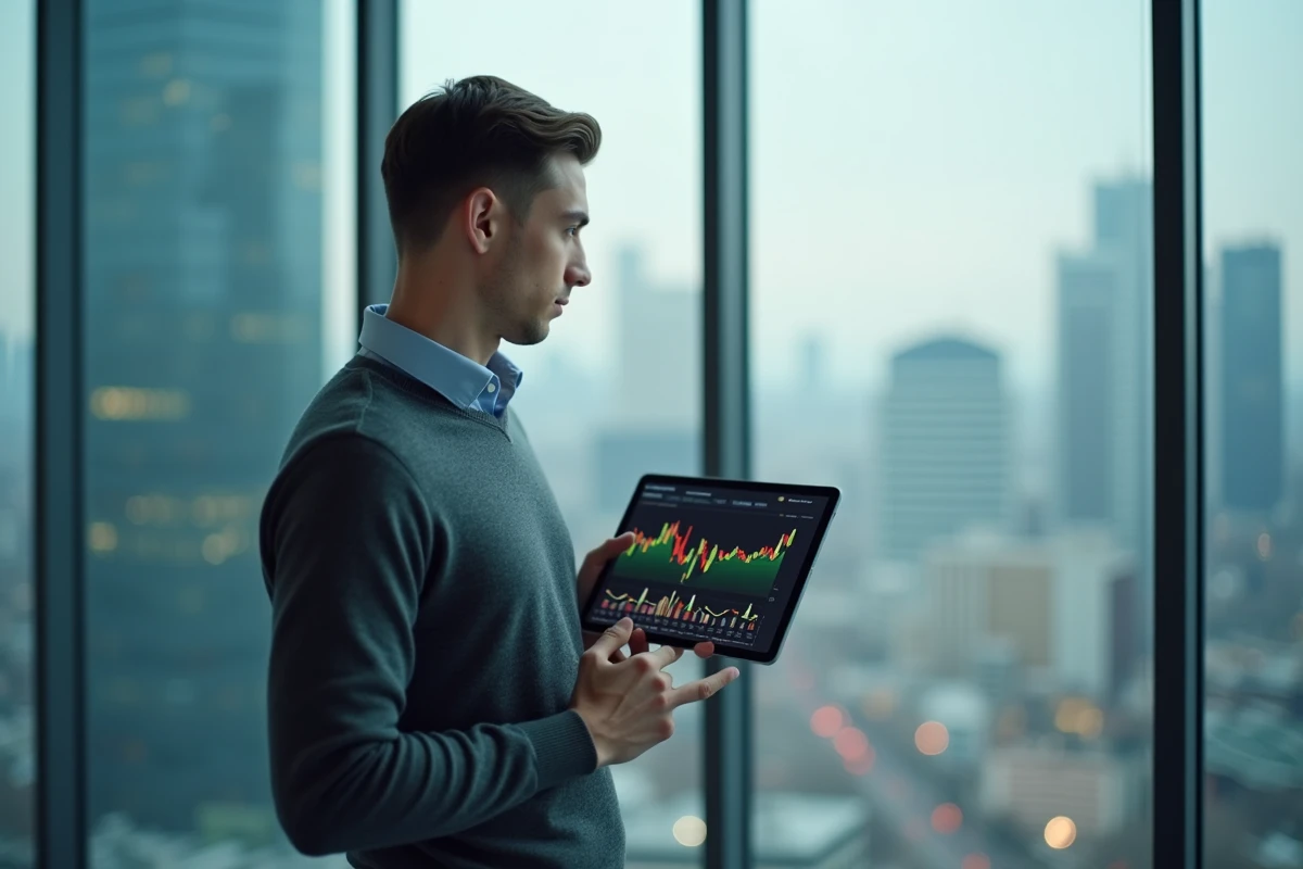 Jeune analyste regarde un graphique sur une tablette devant une fenêtre urbaine
