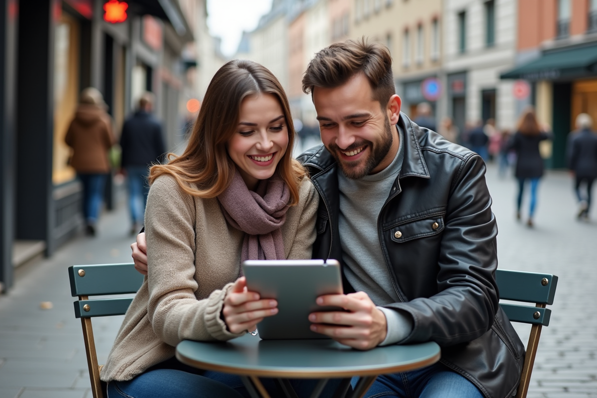 Jeune couple discutant banque sur tablette en extérieur