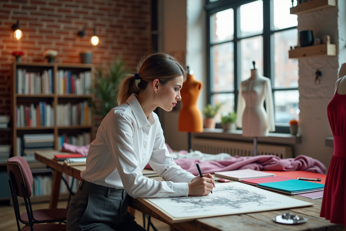 Jeune femme créatrice de mode esquissant dans son atelier moderne