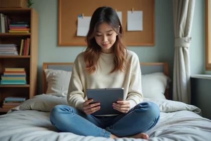 Jeune étudiante lisant sur un tablette dans sa chambre