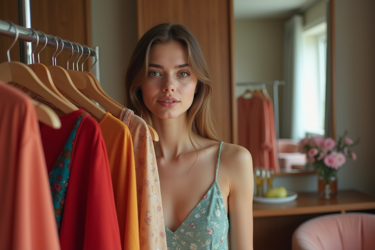 Jeune fashionista posant dans une dressing moderne