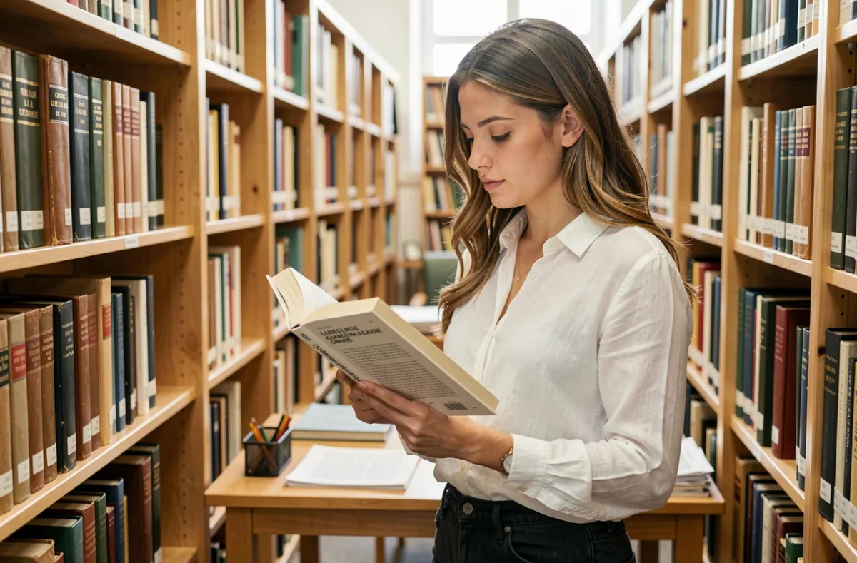Jeune femme consultant un livre de grammaire française dans une bibliothèque universitaire pour vérifier l'orthographe de 'fait partie'