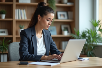 Jeune femme professionnelle concentrée sur son ordinateur dans un bureau lumineux