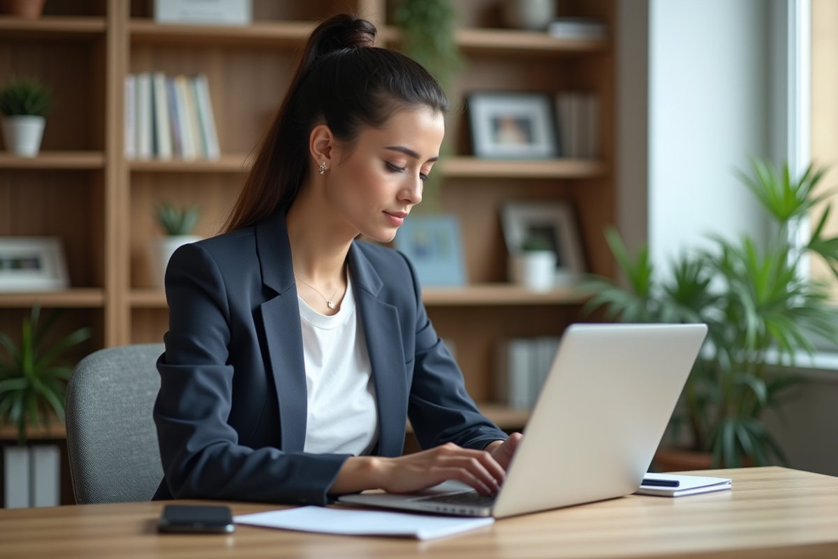 Jeune femme professionnelle concentrée sur son ordinateur dans un bureau lumineux