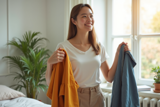 Jeune femme souriante choisissant ses vêtements dans une chambre lumineuse