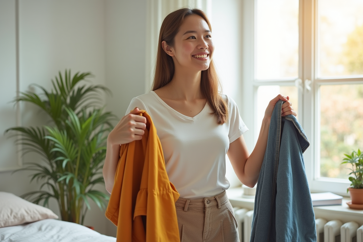 Jeune femme souriante choisissant ses vêtements dans une chambre lumineuse