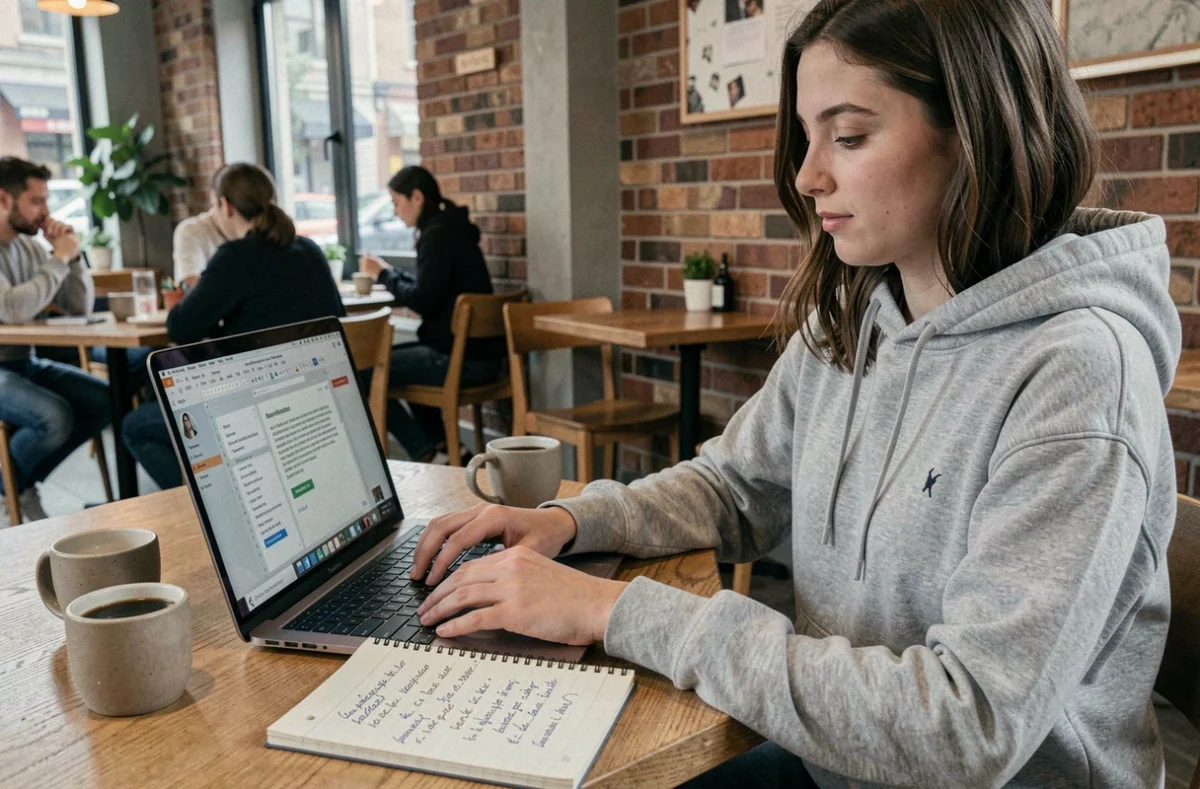 Jeune femme travaillant sur l'orthographe française avec un ordinateur portable et un carnet de notes dans un café