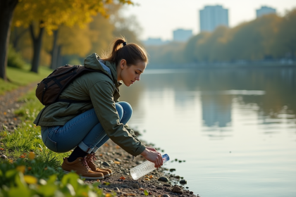 Jeune femme ramassant une bouteille en plastique au bord de la rivière