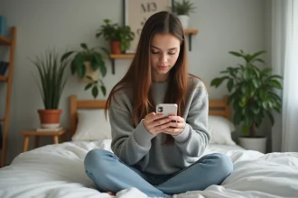 Jeune femme assise sur le lit regarde son téléphone