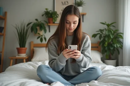 Jeune femme assise sur le lit regarde son téléphone
