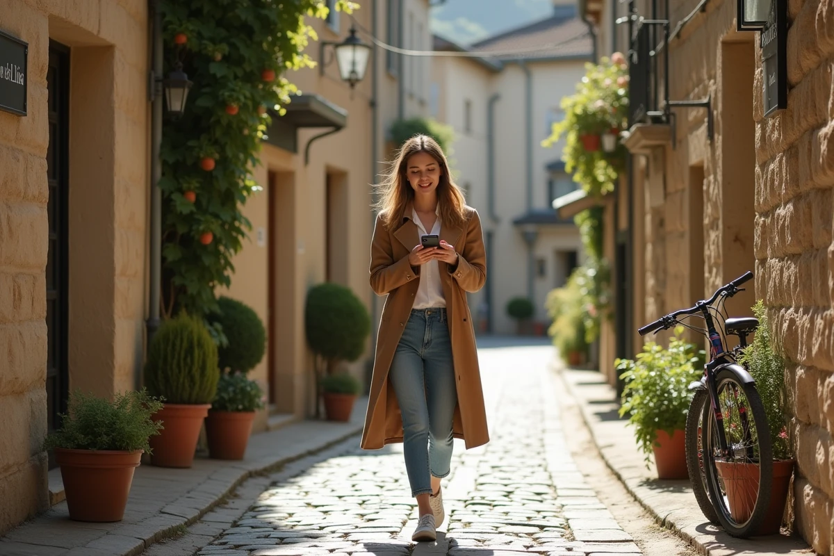 Jeune femme marche dans une rue de village avec son téléphone