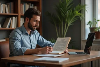Jeune homme lisant une biographie de Malik bin Anas dans un bureau