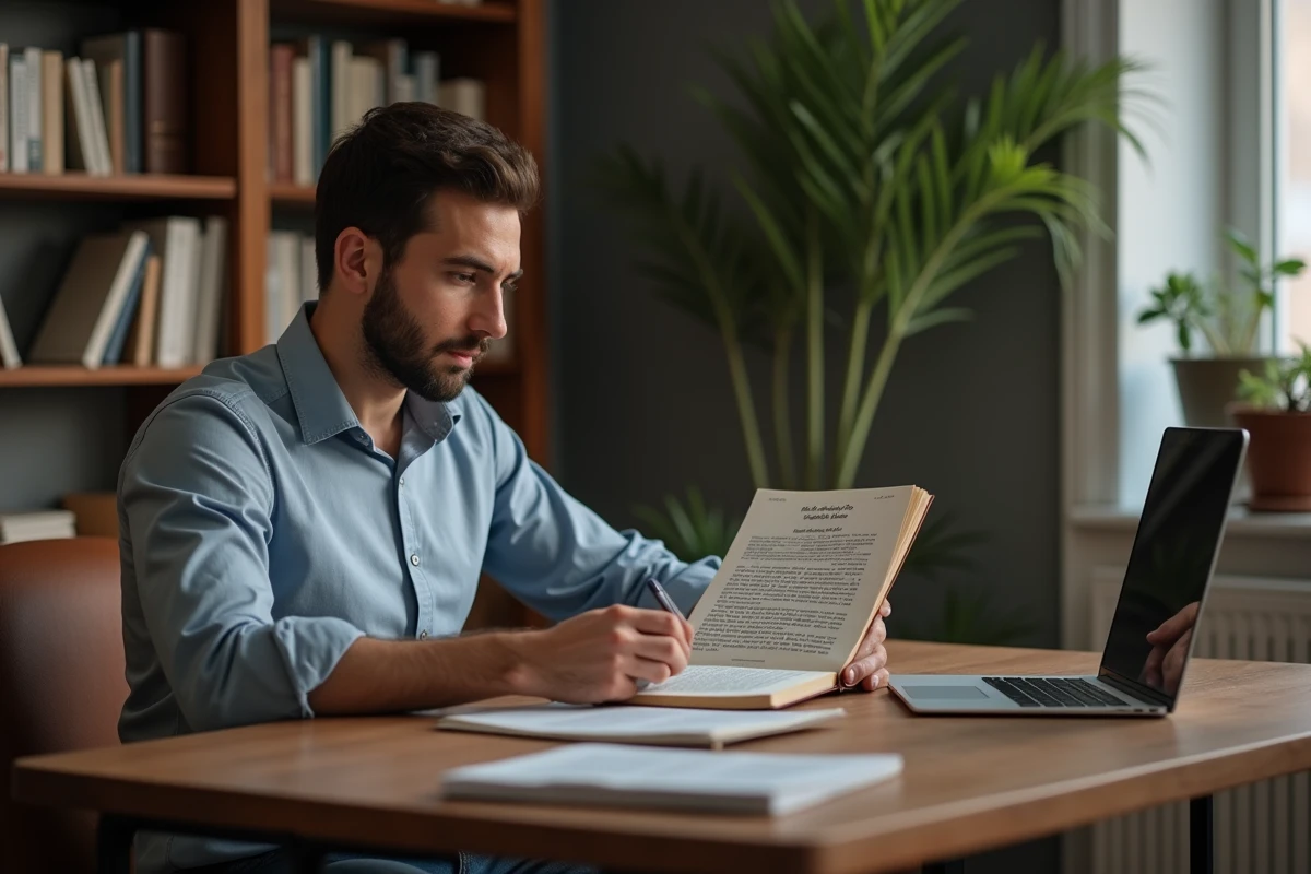 Jeune homme lisant une biographie de Malik bin Anas dans un bureau