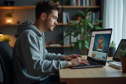 Jeune homme concentré sur son ordinateur portable dans un bureau moderne