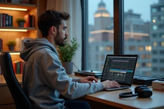 Jeune homme en hoodie travaillant sur logiciel musical