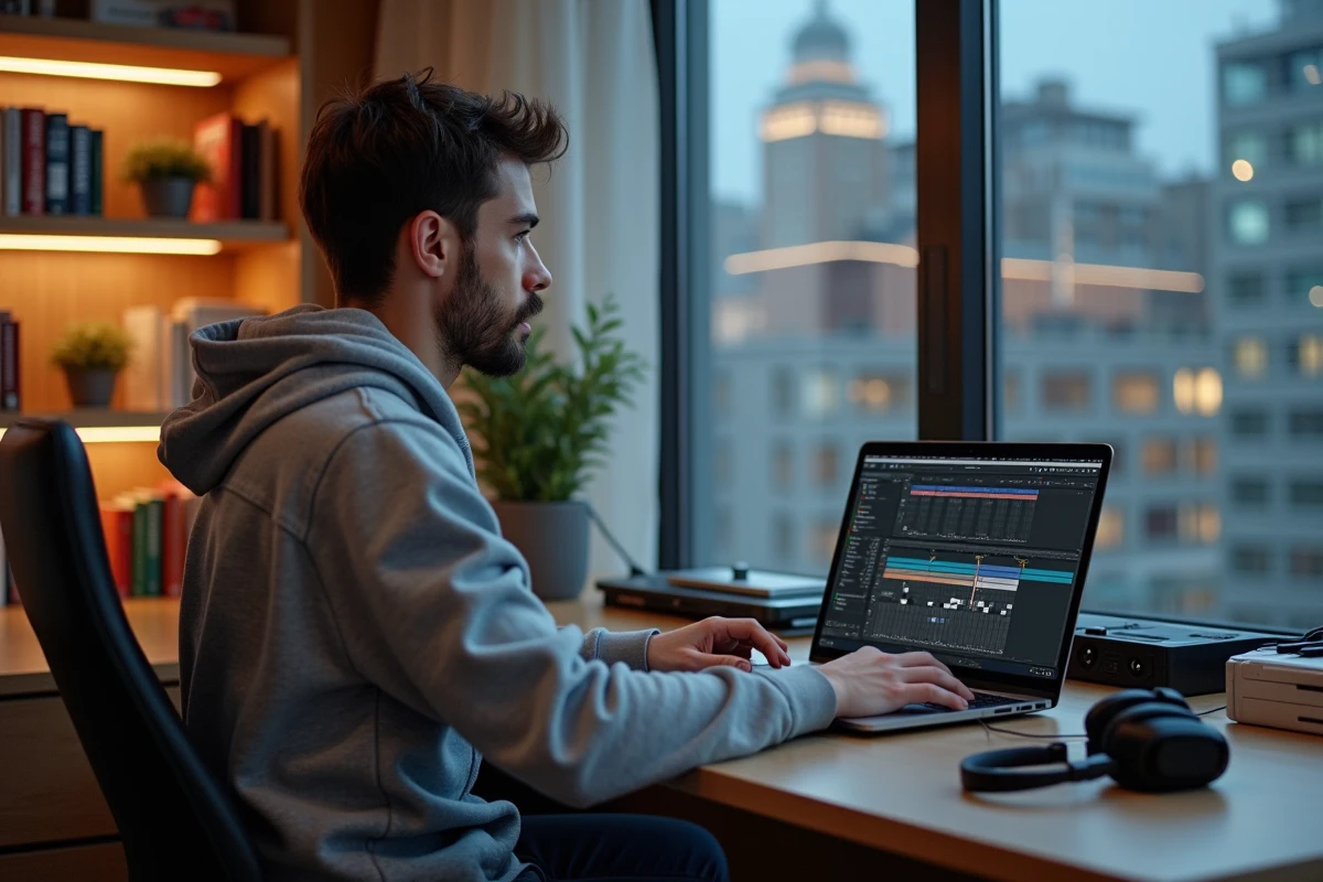 Jeune homme en hoodie travaillant sur logiciel musical
