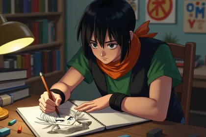 Jeune homme en train de dessiner Android 17 dans un carnet