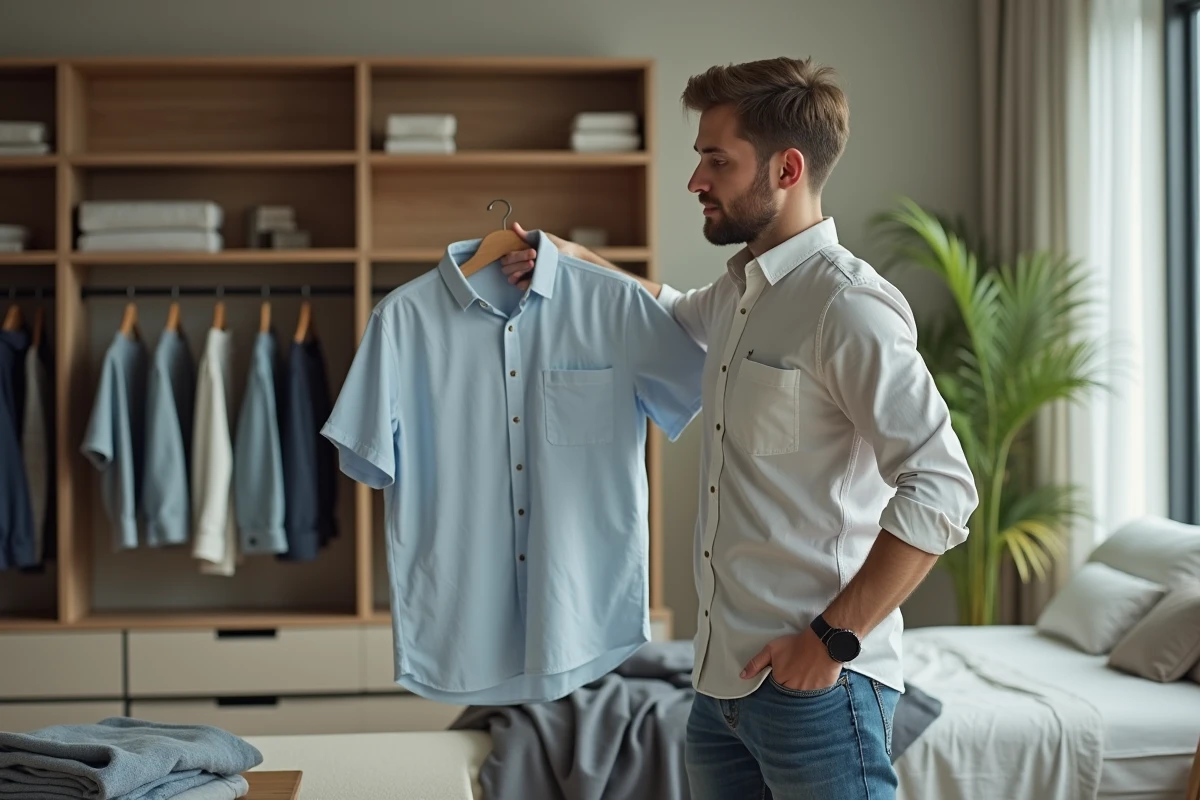 Jeune homme examinant un vêtement dans son appartement