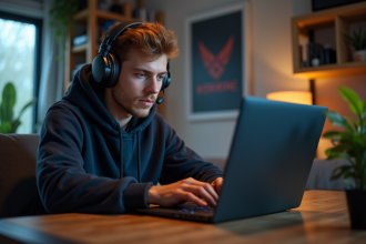 Jeune homme concentré jouant sur un laptop gaming dans sa chambre