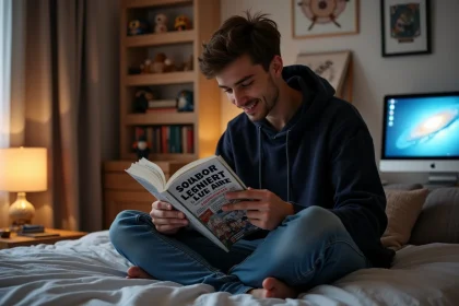 Jeune homme lisant manga Solo Leveling dans sa chambre