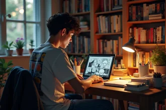 Jeune homme lisant manga One Punch Man sur son laptop dans une chambre