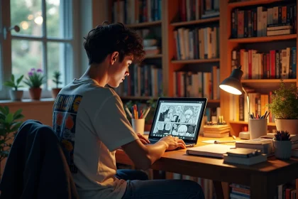 Jeune homme lisant manga One Punch Man sur son laptop dans une chambre