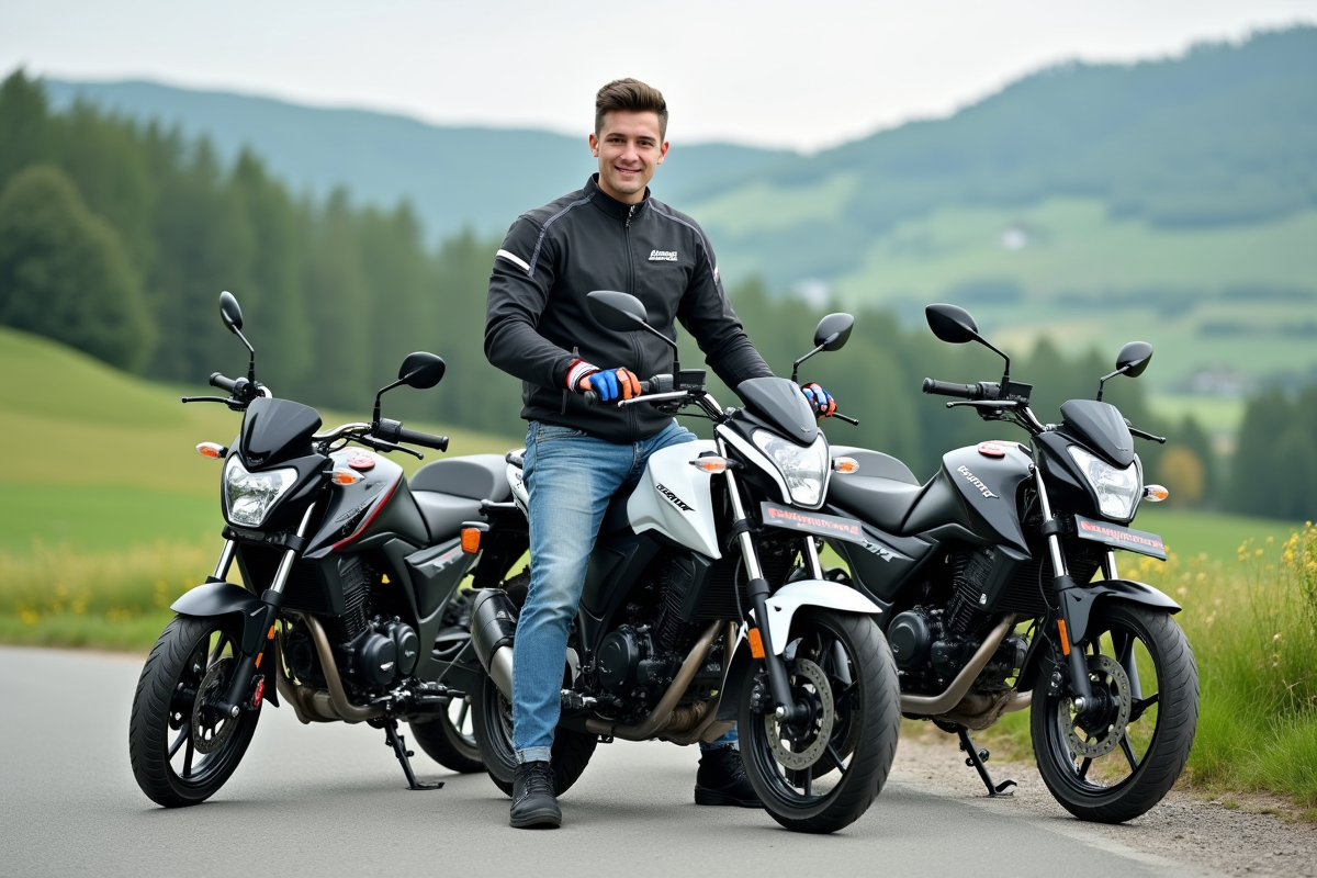 Jeune homme en moto jacket sur une Benda Avenger 125