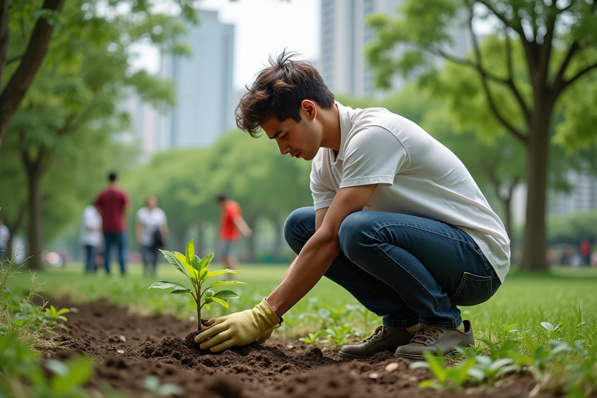 Jeune homme plantant un arbre dans un parc urbain