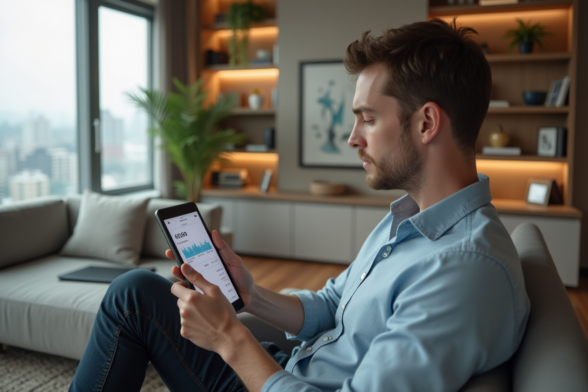 Jeune homme examinant des résultats immobiliers sur une tablette dans un salon lumineux