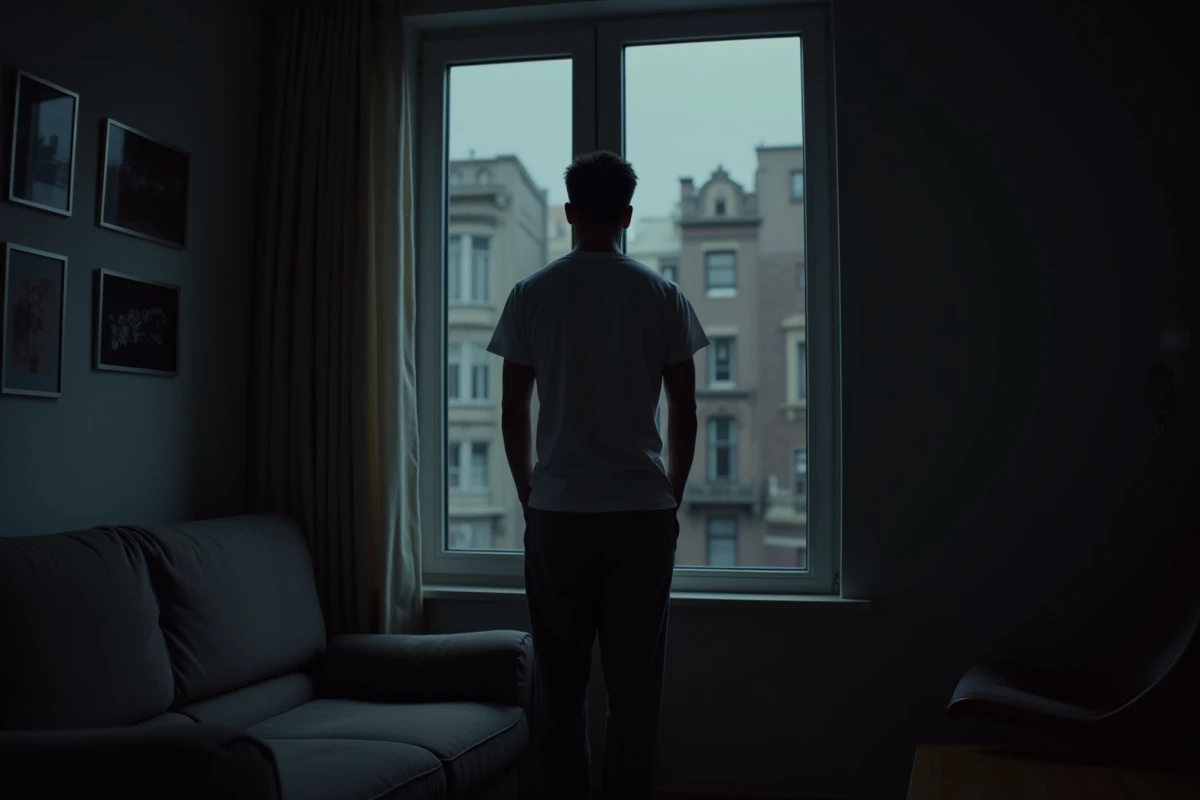 Jeune homme regardant par la fenêtre dans un salon minimaliste