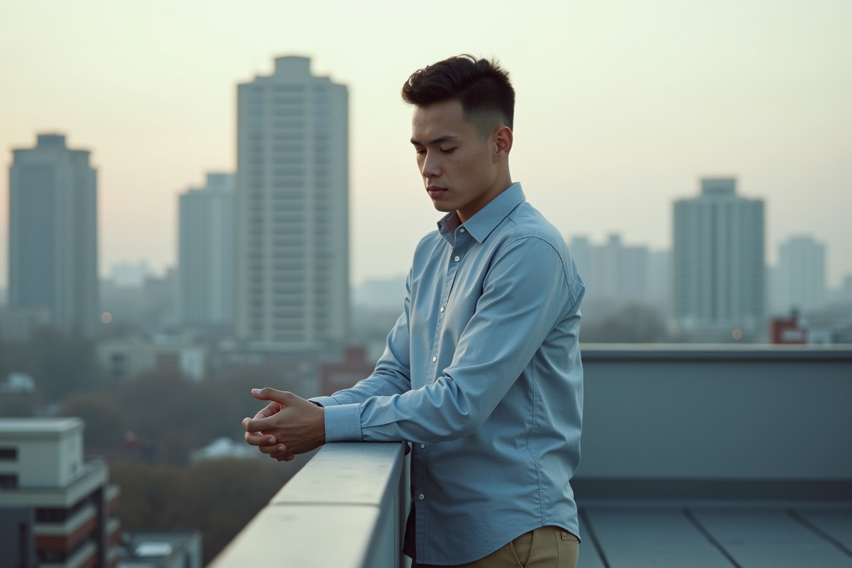 Jeune homme contemplant la ville depuis un rooftop