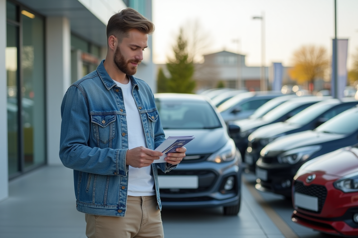 Jeune homme regardant un dépliant devant une voiture neuve