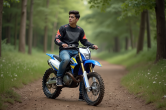 Jeune homme en motocross dans la nature avec moto 125cc