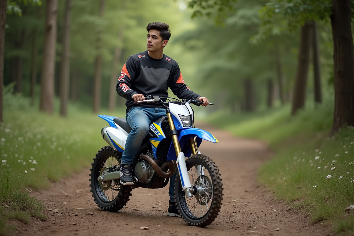 Jeune homme en motocross dans la nature avec moto 125cc